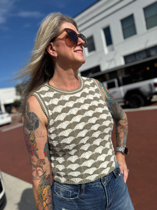 Whimsy & Wavy Knit Top - Olive